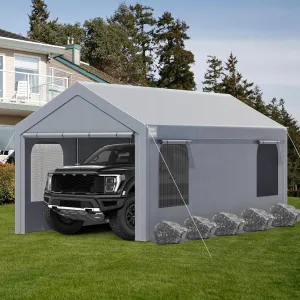 Carport, 10 x 20 FT Portable Garage Heavy Duty, Carport Canopy with Sidewalls Roll-Up Door & Windows, Car Port Canopy Tent Reinforced with Extended Skirt for Truck, Boat, Car Shed (Grey)