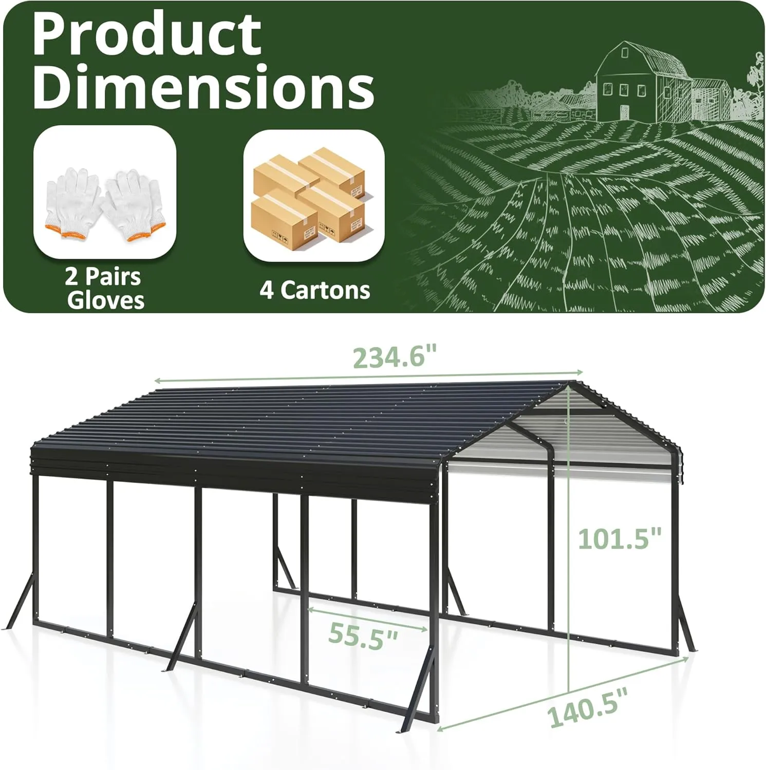 Carport 12x20 FT Metal Carport with Reinforced Base Outdoor Heavy Duty Garage Galvanized Car Shelter for Pickup, Boat, Car and Tractors