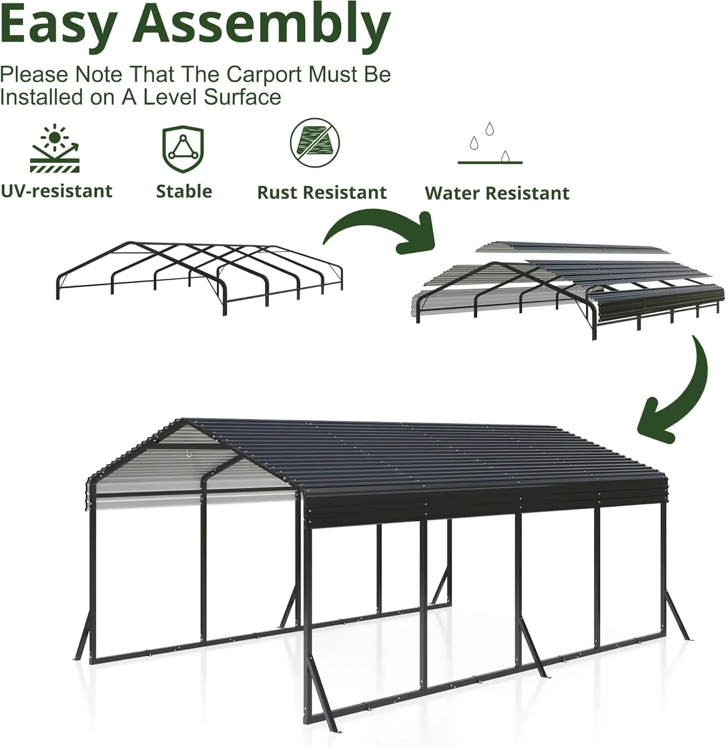 Carport 12x20 FT Metal Carport with Reinforced Base Outdoor Heavy Duty Garage Galvanized Car Shelter for Pickup, Boat, Car and Tractors