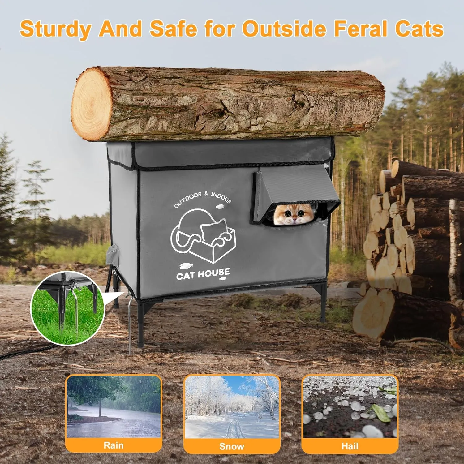 Cat House Outdoor, Elevated Feral Cat Shelter Weatherproof with Escape Door,Outside Waterproof Insulated Strayed Cat House for Winter(Gray)