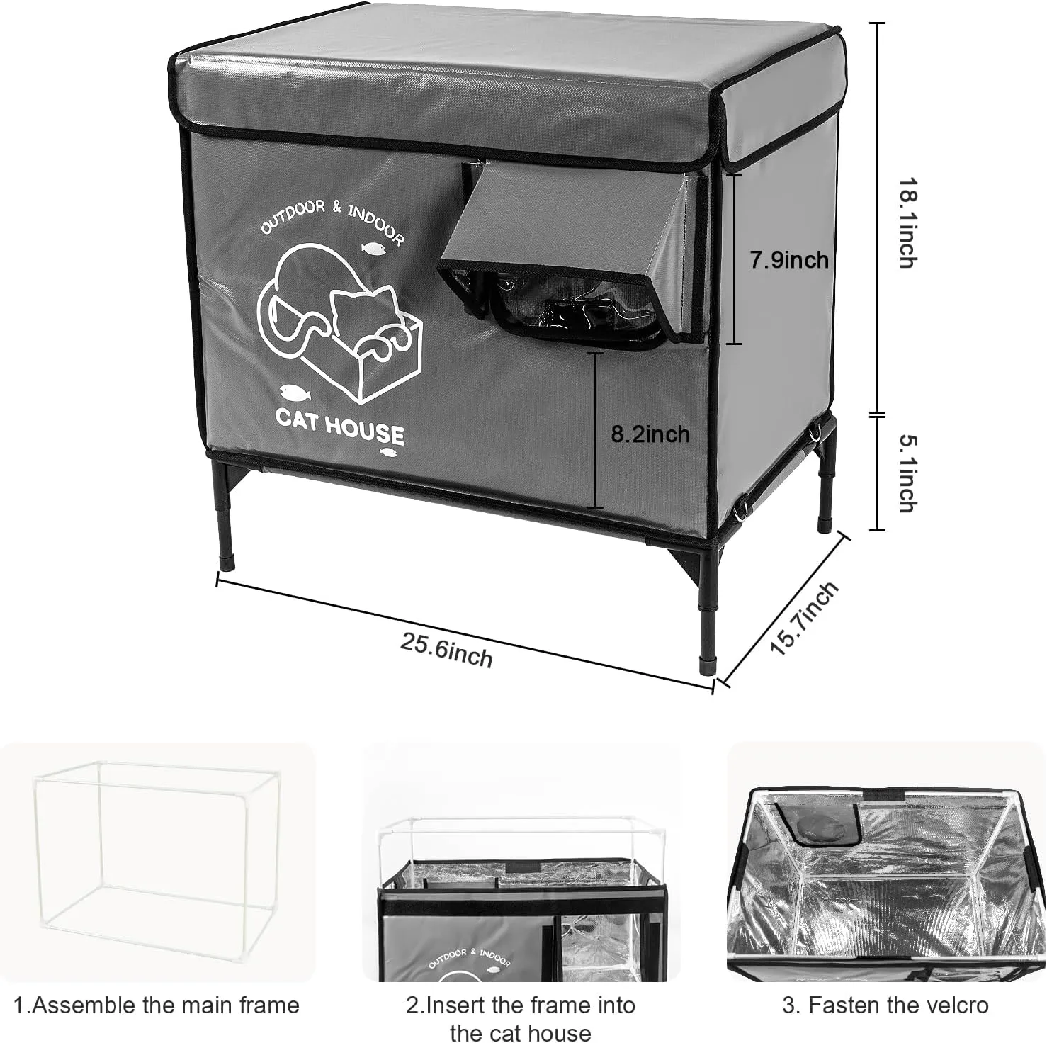 Cat House Outdoor, Elevated Feral Cat Shelter Weatherproof with Escape Door,Outside Waterproof Insulated Strayed Cat House for Winter(Gray)