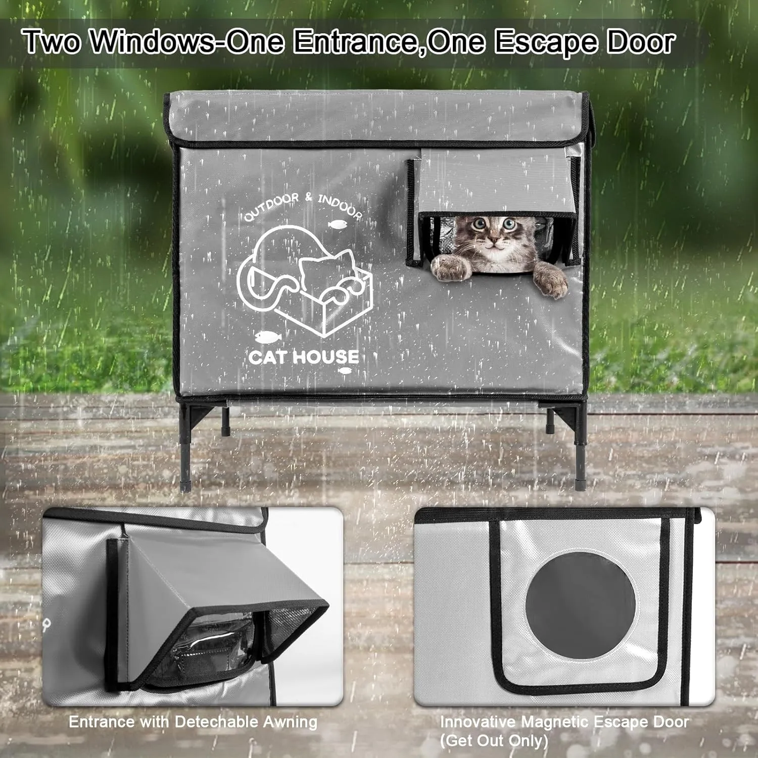 Cat House Outdoor, Elevated Feral Cat Shelter Weatherproof with Escape Door,Outside Waterproof Insulated Strayed Cat House for Winter(Gray)