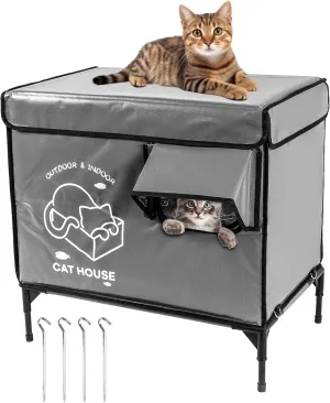 Cat House Outdoor, Elevated Feral Cat Shelter Weatherproof with Escape Door,Outside Waterproof Insulated Strayed Cat House for Winter(Gray)