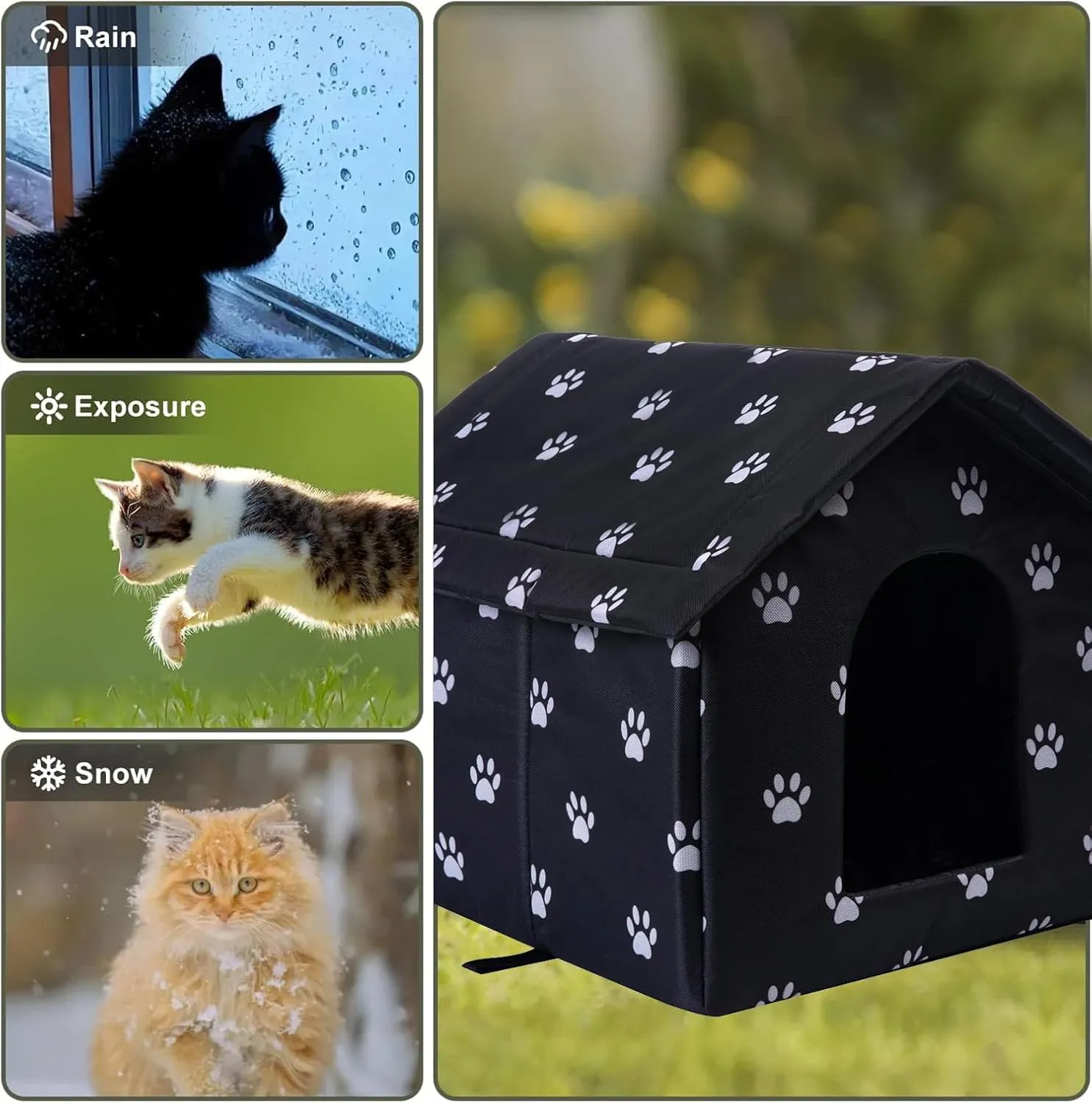 Cat Houses for Outdoor Cats Outdoor Houses for Feral Cats Cat House with Weatherproof Canvas Roof Stray Shelter (Medium cat Houses, Black pet House)