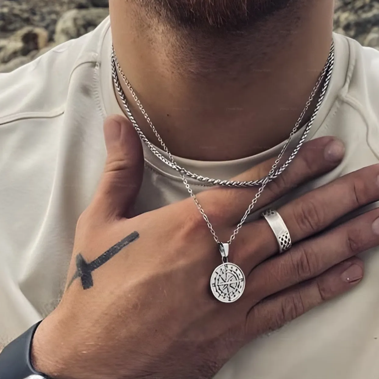COMPASS  - DOUBLE SILVER OR 18K GOLD WHEAT CHAIN WATERPROOF NECKLACES