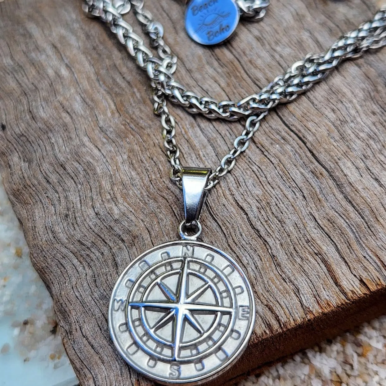 COMPASS  - DOUBLE SILVER OR 18K GOLD WHEAT CHAIN WATERPROOF NECKLACES