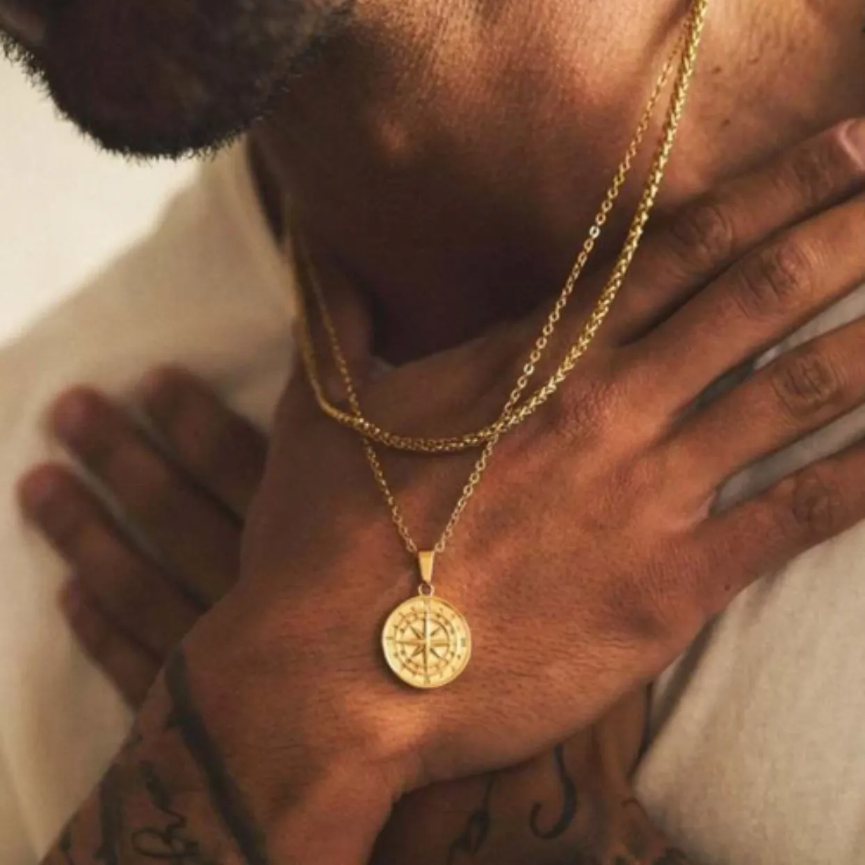 COMPASS  - DOUBLE SILVER OR 18K GOLD WHEAT CHAIN WATERPROOF NECKLACES