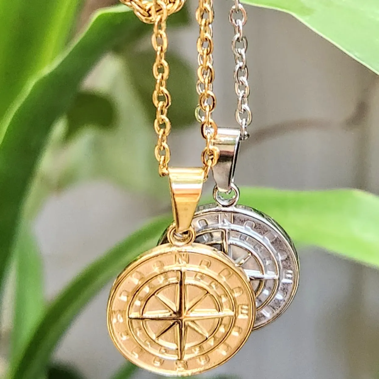 COMPASS  - DOUBLE SILVER OR 18K GOLD WHEAT CHAIN WATERPROOF NECKLACES
