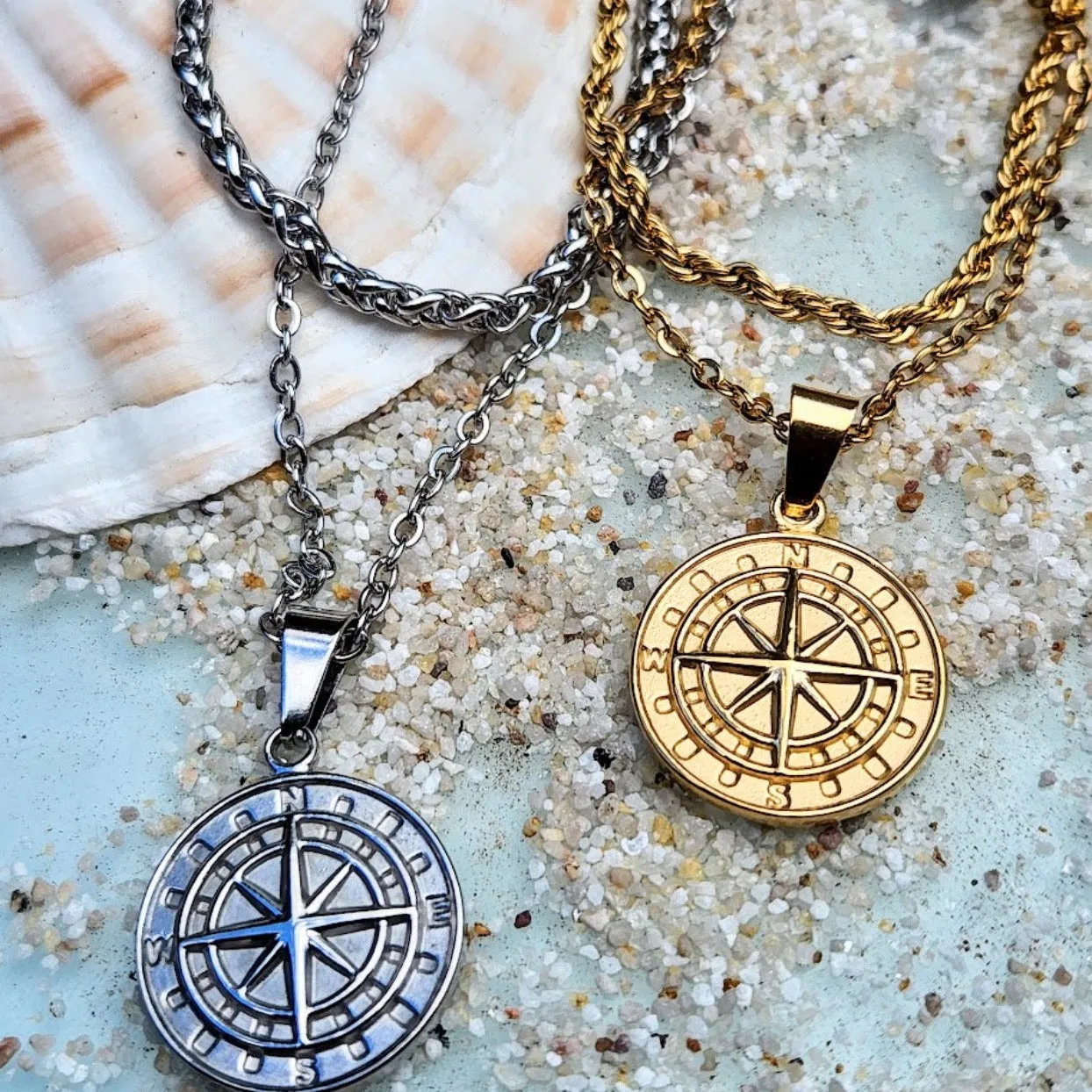 COMPASS  - DOUBLE SILVER OR 18K GOLD WHEAT CHAIN WATERPROOF NECKLACES