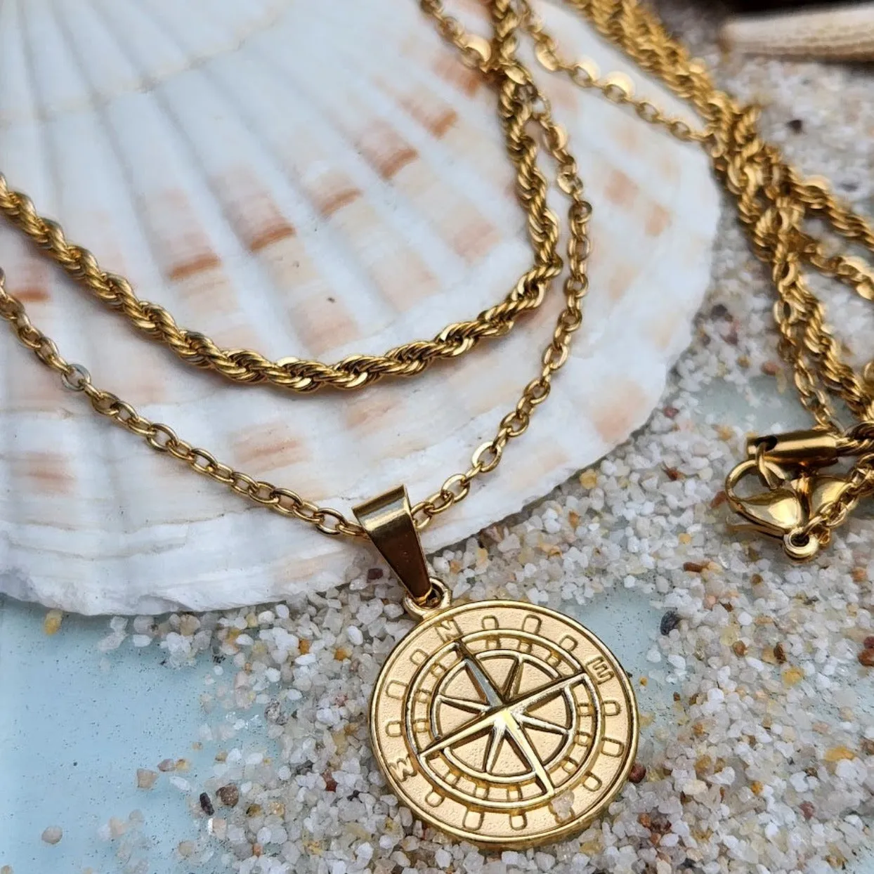 COMPASS  - DOUBLE SILVER OR 18K GOLD WHEAT CHAIN WATERPROOF NECKLACES