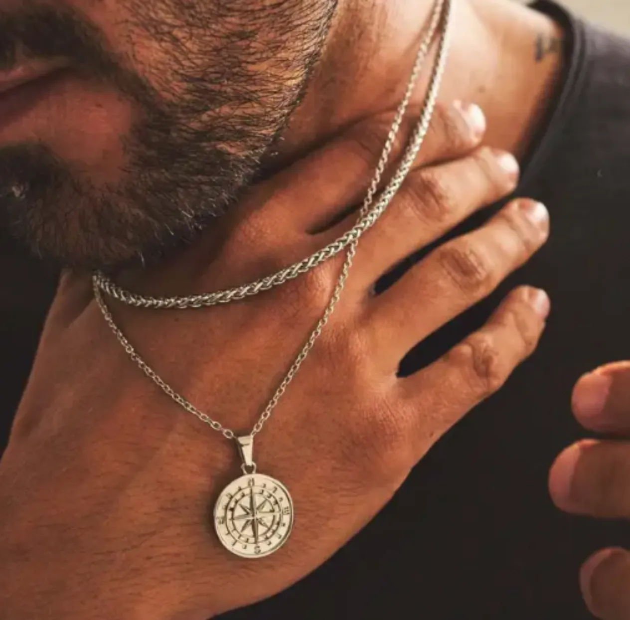COMPASS  - DOUBLE SILVER OR 18K GOLD WHEAT CHAIN WATERPROOF NECKLACES