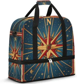 Compass Navigation Travel Duffel Bag for Women Men Weekender Overnight Bag with Shoe Compartment Foldable Sports Gym Luggage Bag