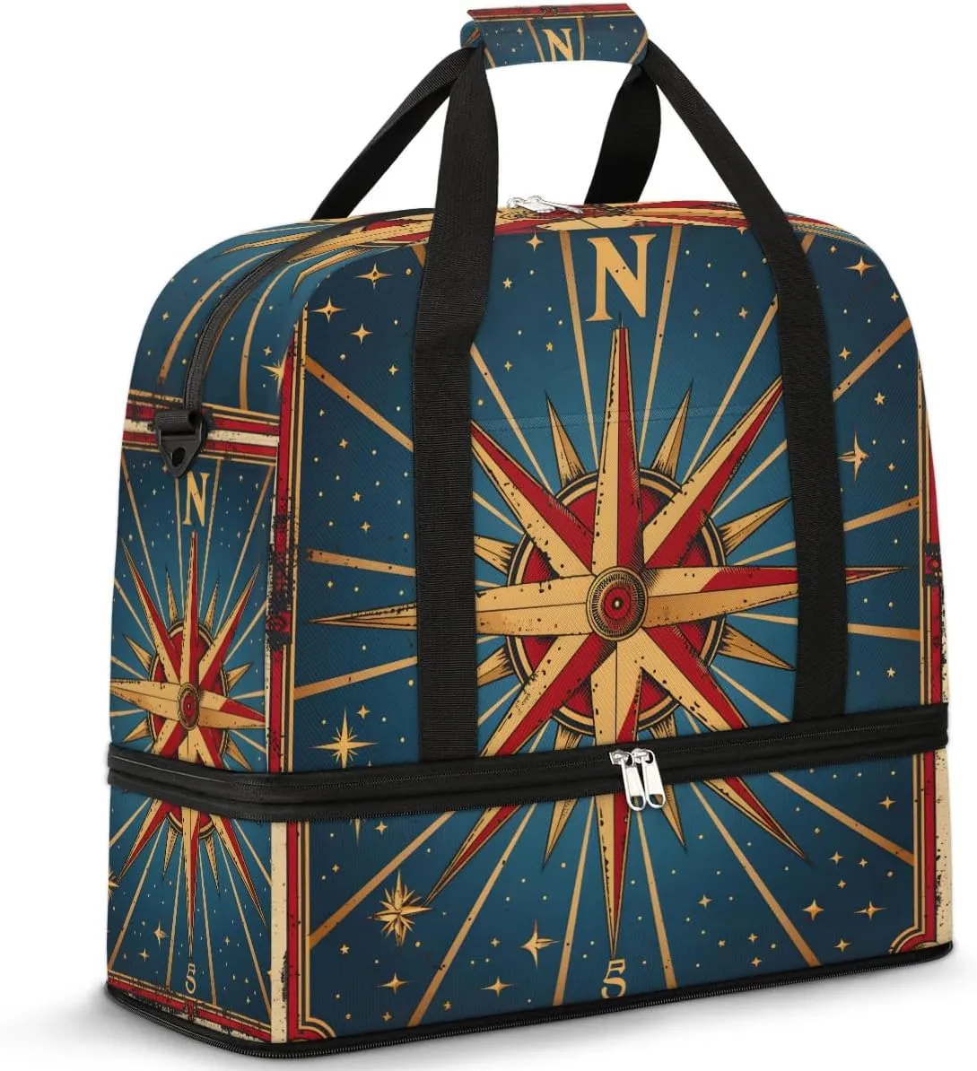 Compass Navigation Travel Duffel Bag for Women Men Weekender Overnight Bag with Shoe Compartment Foldable Sports Gym Luggage Bag