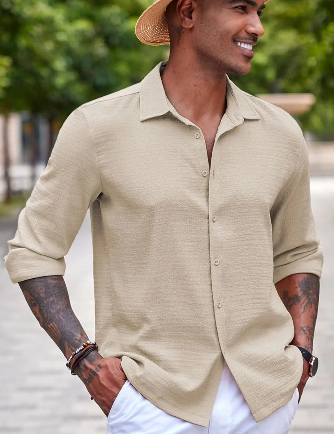COOFANDY Men's Casual Long Sleeve Button Down Shirt Textured Wrinkle-Free Untucked Shirts