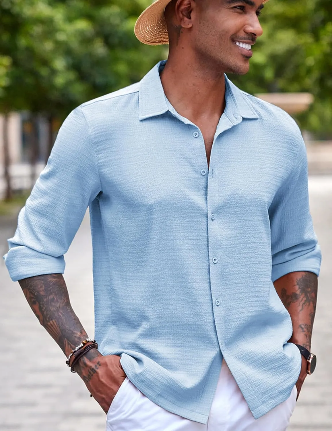 COOFANDY Men's Casual Long Sleeve Button Down Shirt Textured Wrinkle-Free Untucked Shirts