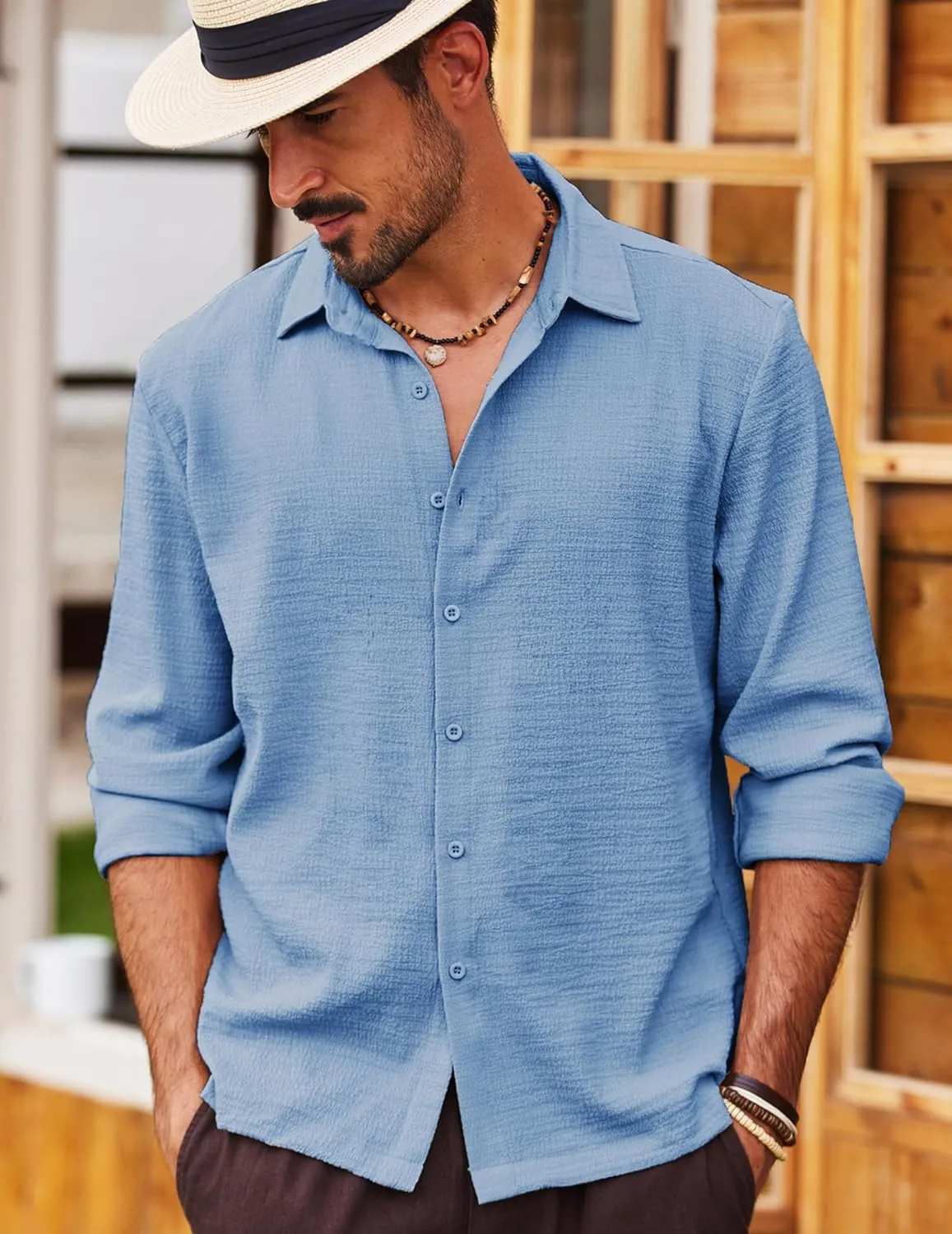 COOFANDY Men's Casual Long Sleeve Button Down Shirt Textured Wrinkle-Free Untucked Shirts