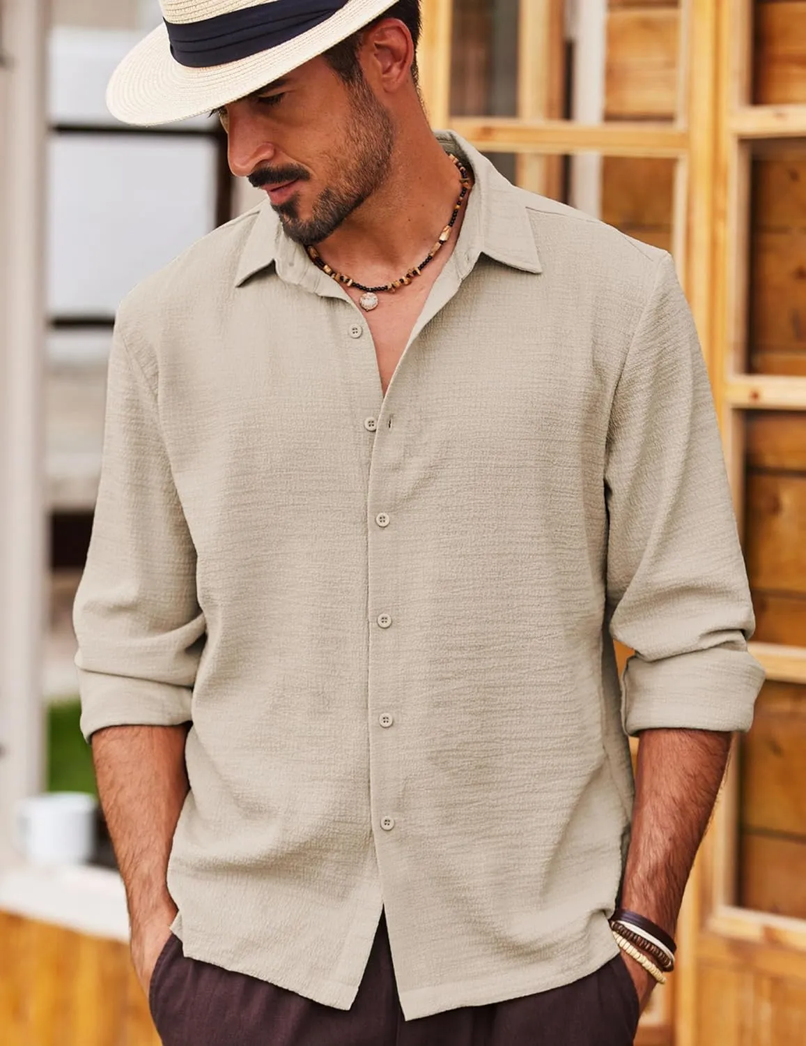 COOFANDY Men's Casual Long Sleeve Button Down Shirt Textured Wrinkle-Free Untucked Shirts