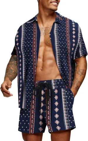 COOFANDY Men's Hawaiian Matching Set Summer Beach 2 Piece Outfits Flower Button Down Shirts and Shorts Vacation Outfits