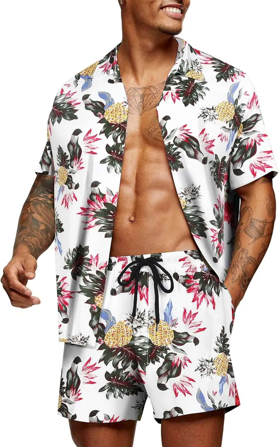 COOFANDY Men's Hawaiian Matching Set Summer Beach 2 Piece Outfits Flower Button Down Shirts and Shorts Vacation Outfits