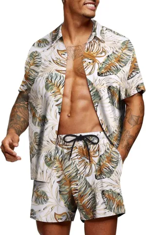 COOFANDY Men's Hawaiian Matching Set Summer Beach 2 Piece Outfits Flower Button Down Shirts and Shorts Vacation Outfits