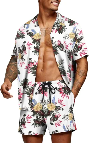 COOFANDY Men's Hawaiian Matching Set Summer Beach 2 Piece Outfits Flower Button Down Shirts and Shorts Vacation Outfits