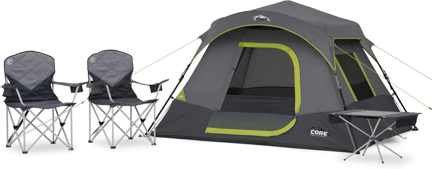 CORE 4 Person Instant Cabin Tent Camping Set | Includes 1 Pop Up Tent with 60 Second Setup, 1 Outdoor Table & 2 Camp Chairs | Perfect for Family Car Camping with Included Carry Bag