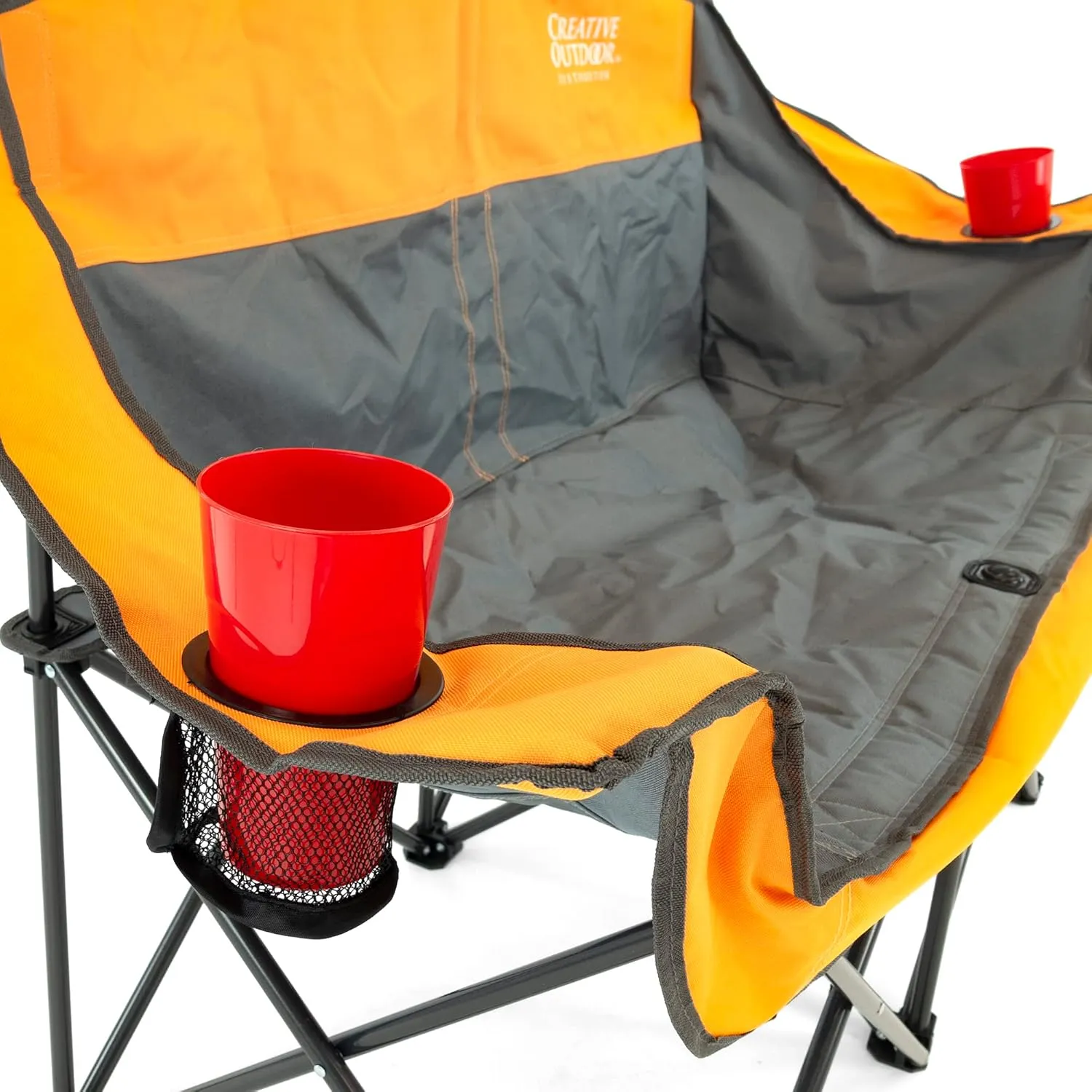 Creative Outdoor Distributor Luxury Camp Chair, Steel Frame & Polyester Fabrics, Folds Compact, Storage Bag Included (Cup Holder   2 Person, Orange)