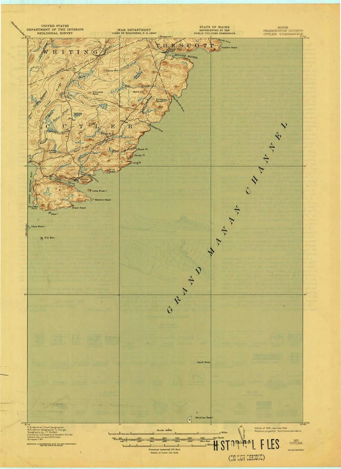 Cutler ME topo map, 1:62500 Scale, 15 X 15 Minute, Historical, 1918, Updated 1944, 21.3 x 15.5 in