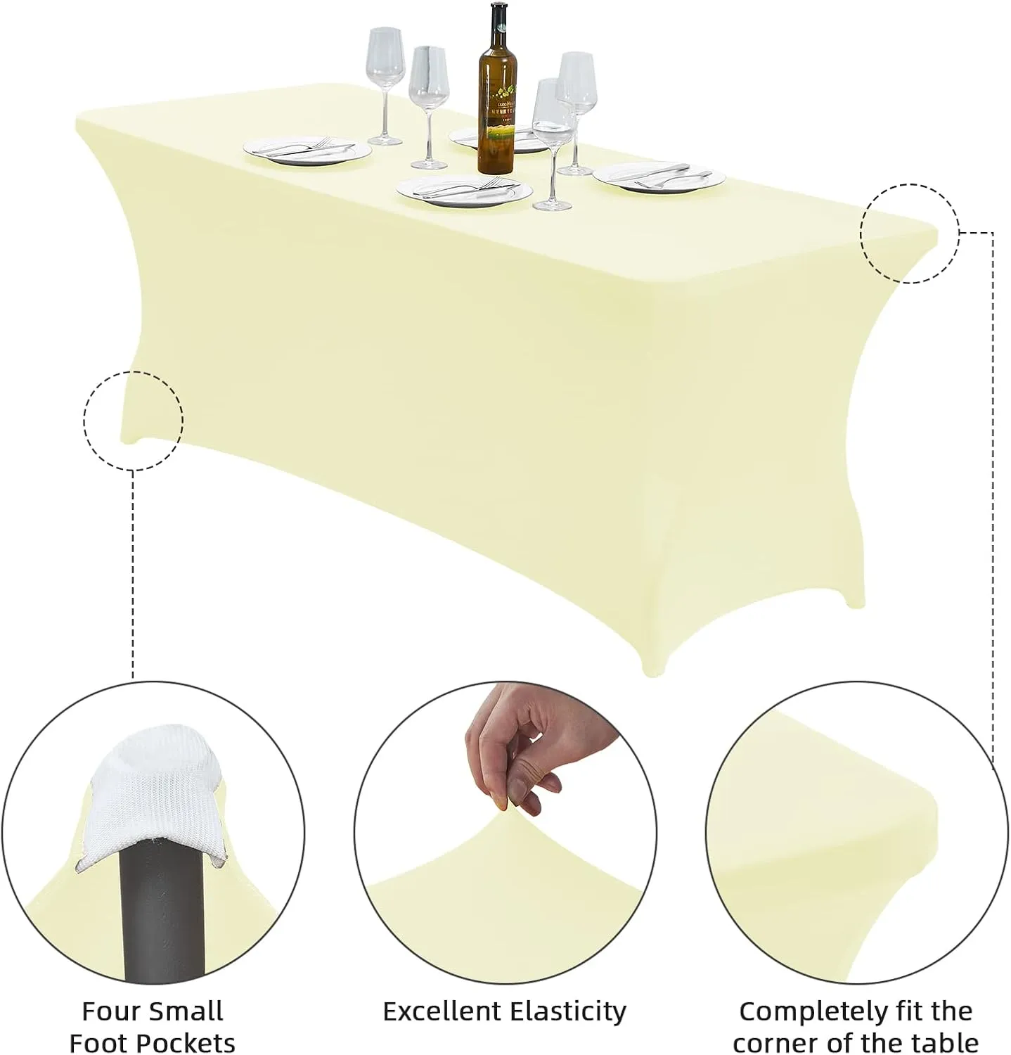 CWK 6FT Stretch Spandex Table Cover for Rectangular Tables - Elastic Fitted Tablecloth for Folding Tables, Wrinkle Resistant, Durable Table Protector for Parties, Weddings, Banquets & Events(Beige)