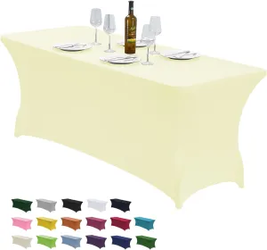 CWK 6FT Stretch Spandex Table Cover for Rectangular Tables - Elastic Fitted Tablecloth for Folding Tables, Wrinkle Resistant, Durable Table Protector for Parties, Weddings, Banquets & Events(Beige)