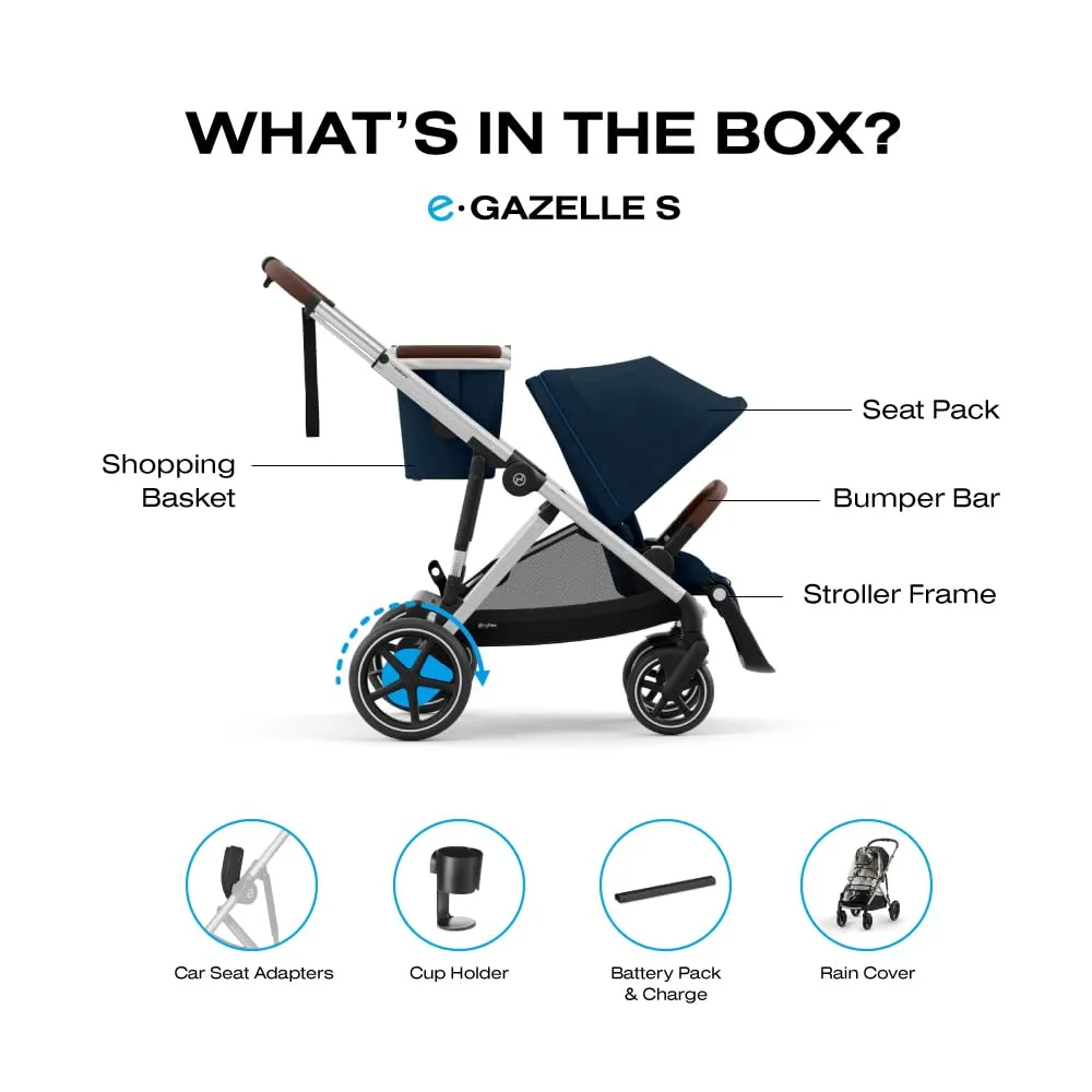 Cybex e-Gazelle S Electronic Assist Stroller – Gazelle S Single-to-Double Electric Stroller, Smart Assist, Rocking Mode, 20  Configurations & Compact Fold, Ocean Blue with Silver Chassis