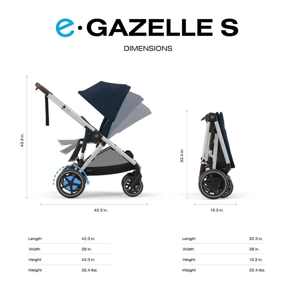 Cybex e-Gazelle S Electronic Assist Stroller – Gazelle S Single-to-Double Electric Stroller, Smart Assist, Rocking Mode, 20  Configurations & Compact Fold, Ocean Blue with Silver Chassis