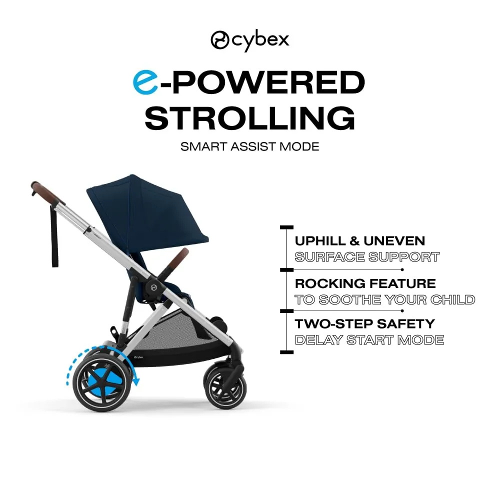 Cybex e-Gazelle S Electronic Assist Stroller – Gazelle S Single-to-Double Electric Stroller, Smart Assist, Rocking Mode, 20  Configurations & Compact Fold, Ocean Blue with Silver Chassis