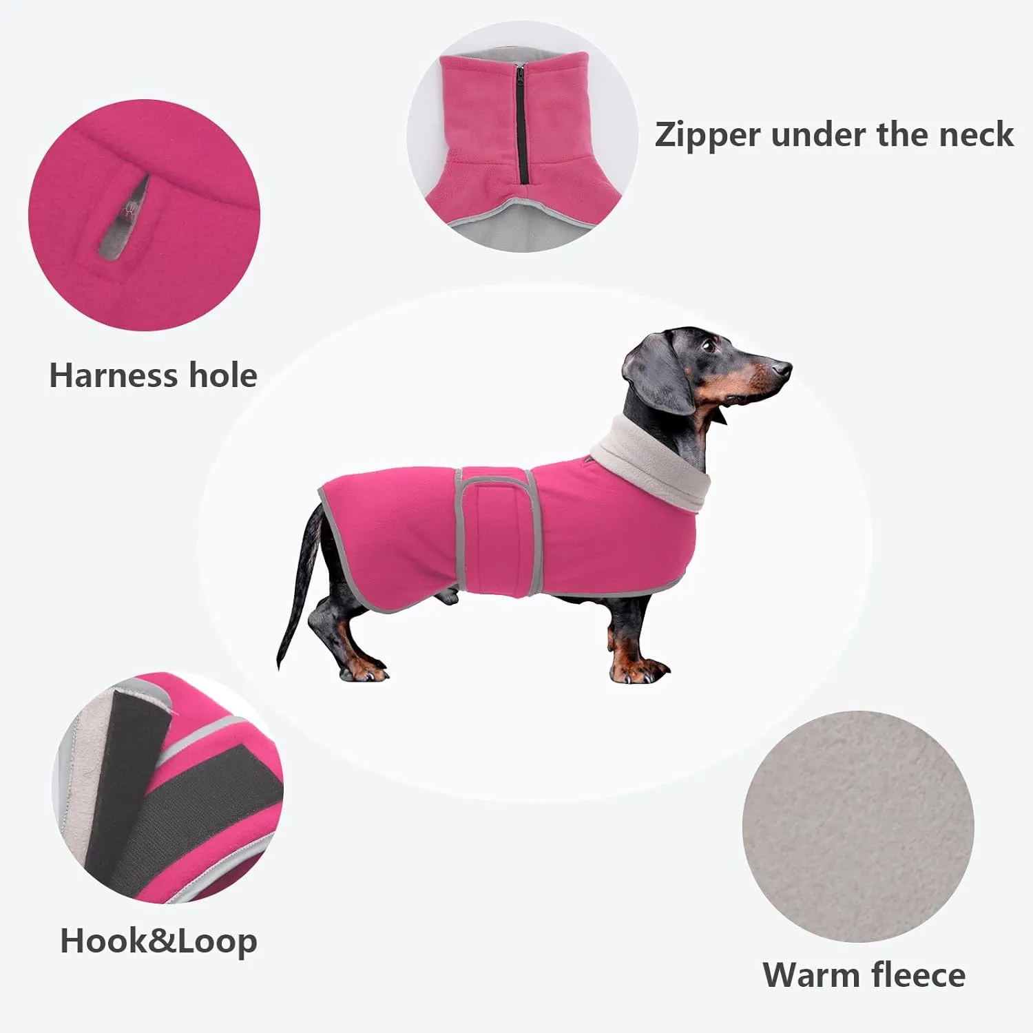 Dachshund Coats Sausage Dog Fleece Coat in Winter Miniature Dachshund Clothes with Hook Loop Closure and high vis Reflective Stripe Safety - Pink - S