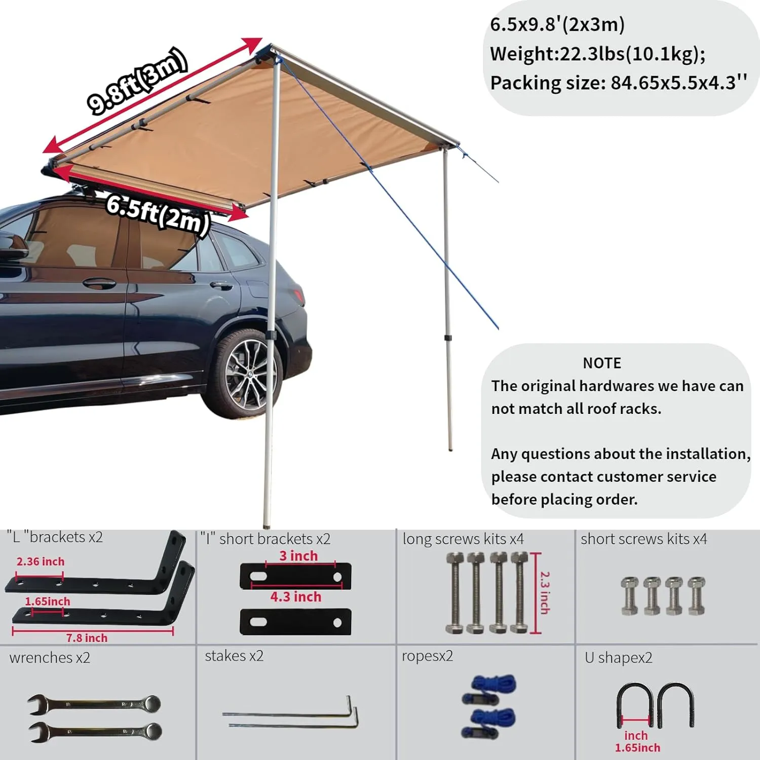 DANCHEL OUTDOOR Car Awning Pull-Out Roof Rack Vehicle Awning UPF50  Sun Shelter Canopy for SUV Truck Camper Overland Camping, 6.5x9.8ft Khaki