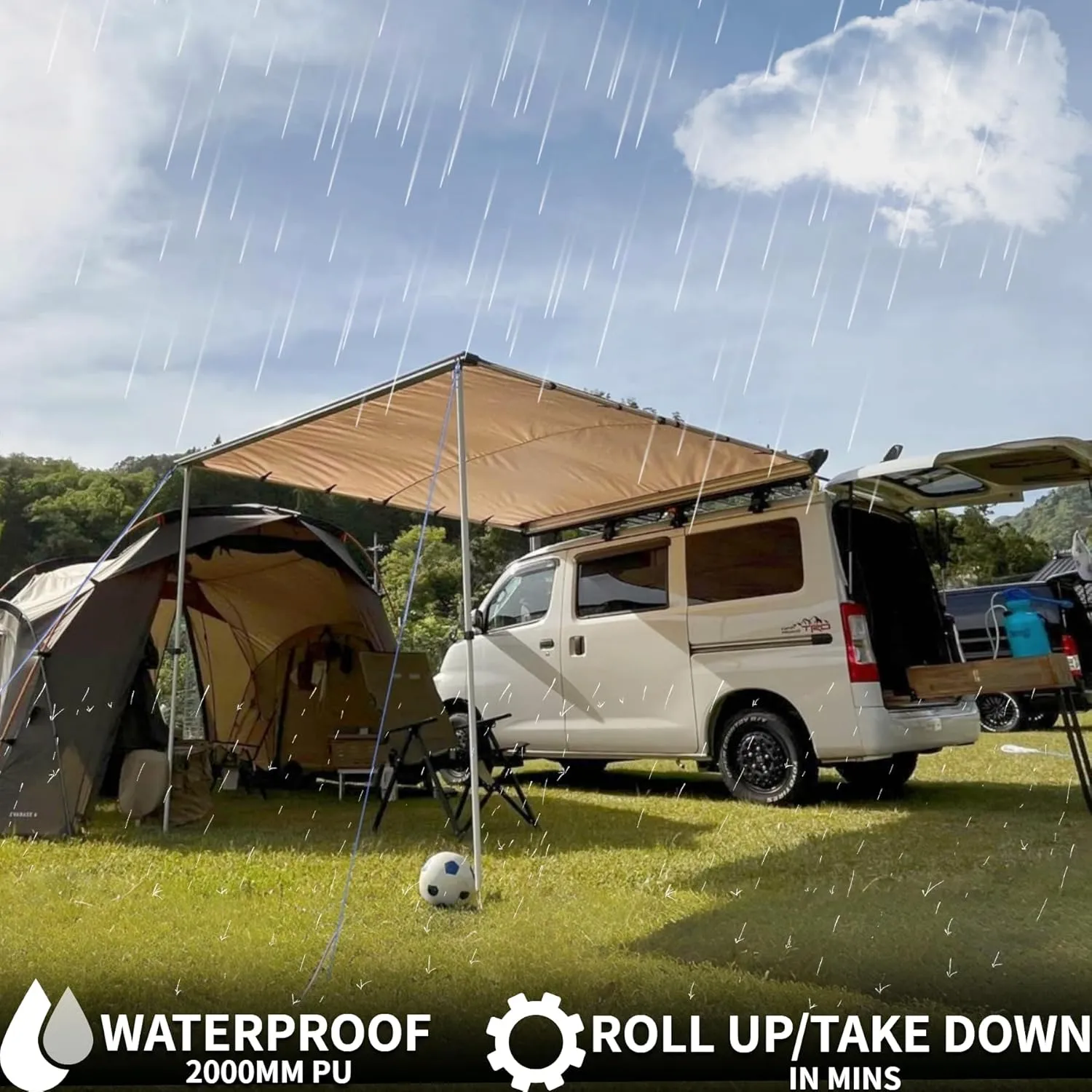 DANCHEL OUTDOOR Car Awning Pull-Out Roof Rack Vehicle Awning UPF50  Sun Shelter Canopy for SUV Truck Camper Overland Camping, 6.5x9.8ft Khaki