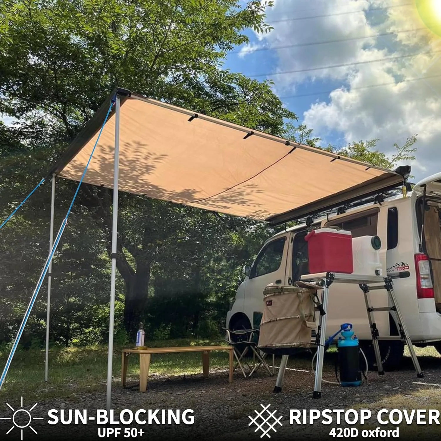 DANCHEL OUTDOOR Car Awning Pull-Out Roof Rack Vehicle Awning UPF50  Sun Shelter Canopy for SUV Truck Camper Overland Camping, 6.5x9.8ft Khaki