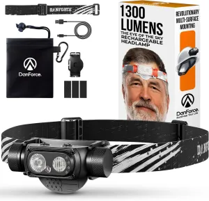 DanForce Headlamp Rechargeable, American LED Ultra Bright 1300 Lumens Head lamp, USB Type C Rechargeable Headlamp,IPX65 Head Light, Dimmable, Revolution Surfaces Headlight - The Eye of The Sky