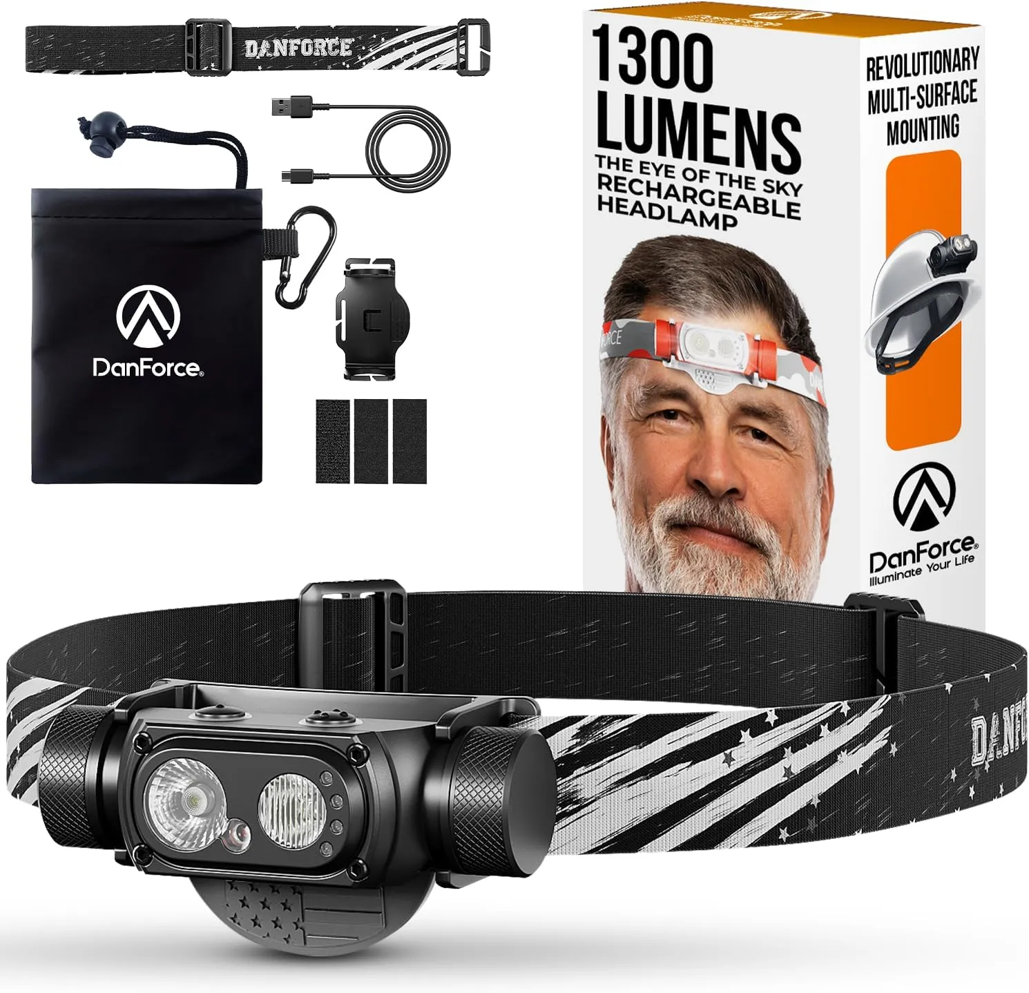 DanForce Headlamp Rechargeable, American LED Ultra Bright 1300 Lumens Head lamp, USB Type C Rechargeable Headlamp,IPX65 Head Light, Dimmable, Revolution Surfaces Headlight - The Eye of The Sky