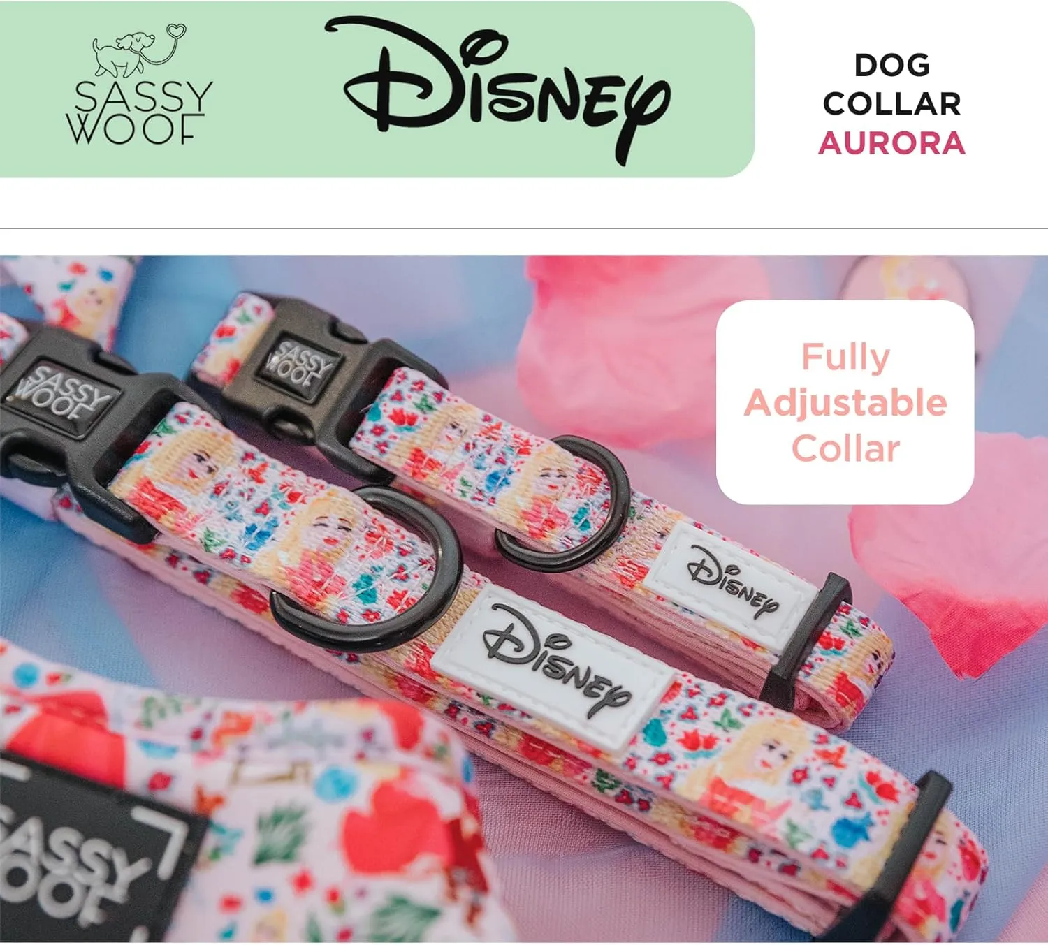 Dog Collar Disney Princess Sleeping Beauty Aurora - L, Adjustable, Durable, Comfortable and Stylish Pet Accessories for Large Dogs - Officially Licensed