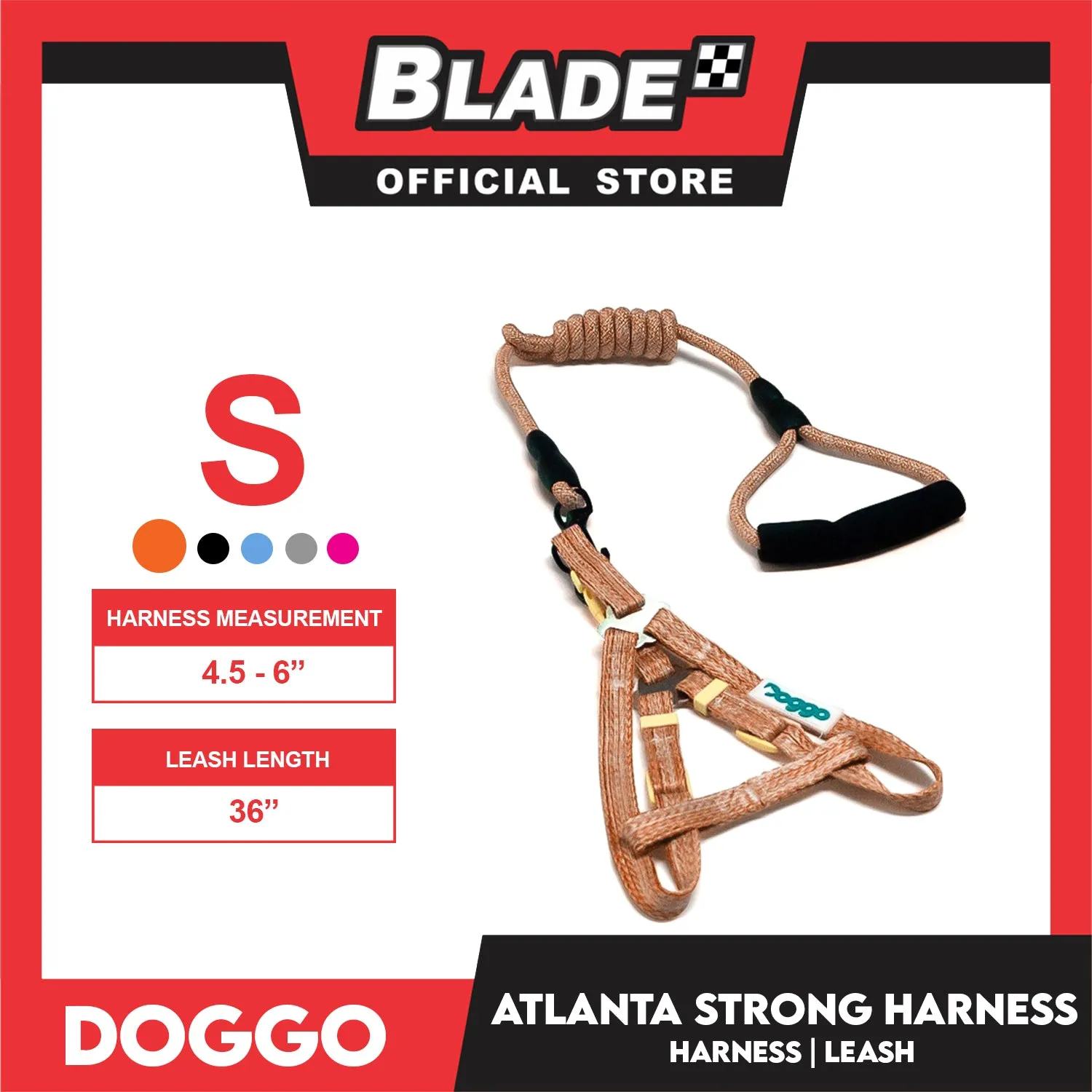 Doggo Atlanta Strong Harness and Leash Set Small Size (Orange)