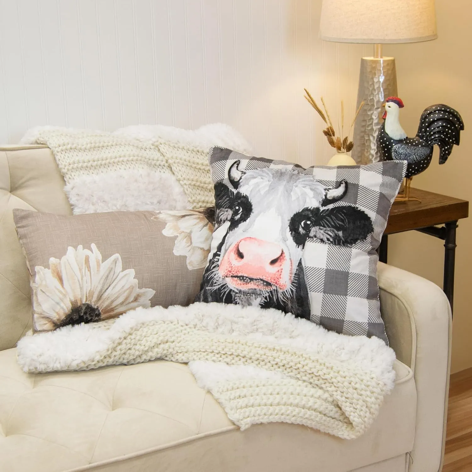 Donna Sharp 2-Piece Augusta Cow and Floral Farmhouse Themed Decorative Throw Pillow Set - Pillows for Couch, Sofa, Beds, and Chairs - Includes 18" x 18" Square & 12" x 22" Rectangular Pillows