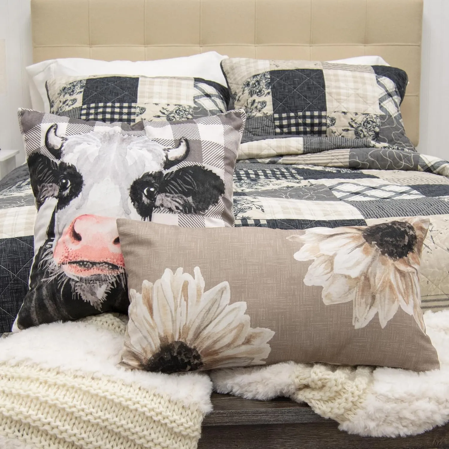 Donna Sharp 2-Piece Augusta Cow and Floral Farmhouse Themed Decorative Throw Pillow Set - Pillows for Couch, Sofa, Beds, and Chairs - Includes 18" x 18" Square & 12" x 22" Rectangular Pillows