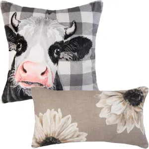 Donna Sharp 2-Piece Augusta Cow and Floral Farmhouse Themed Decorative Throw Pillow Set - Pillows for Couch, Sofa, Beds, and Chairs - Includes 18" x 18" Square & 12" x 22" Rectangular Pillows