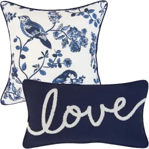 Donna Sharp 2-Piece Checkerboard Indigo Love Bird Decorative Throw Pillow Set - Pillows for Couch, Sofa, Beds, and Chairs - Includes 18" x 18" Square & 12" x 22" Rectangular Pillows