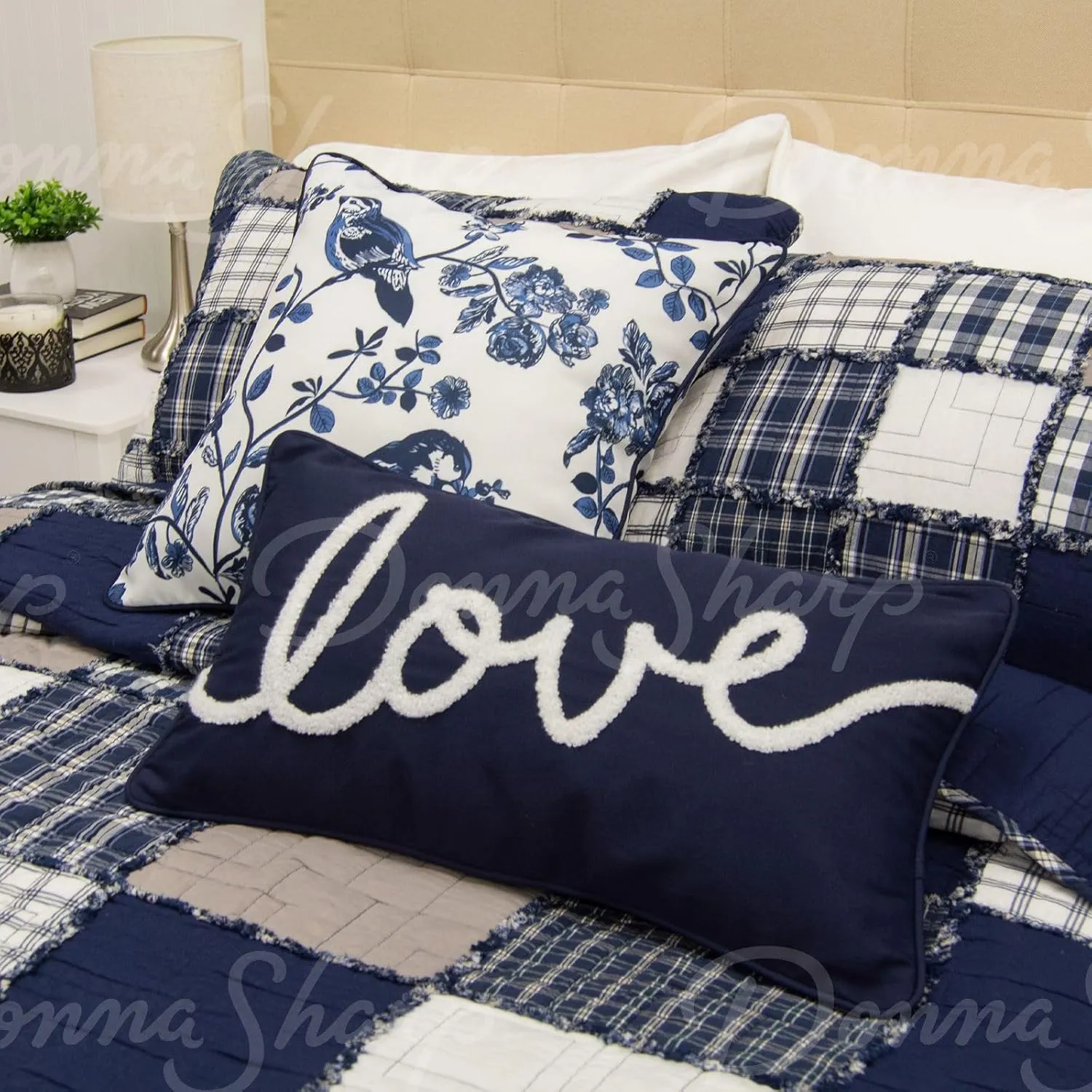 Donna Sharp 2-Piece Checkerboard Indigo Love Bird Decorative Throw Pillow Set - Pillows for Couch, Sofa, Beds, and Chairs - Includes 18" x 18" Square & 12" x 22" Rectangular Pillows