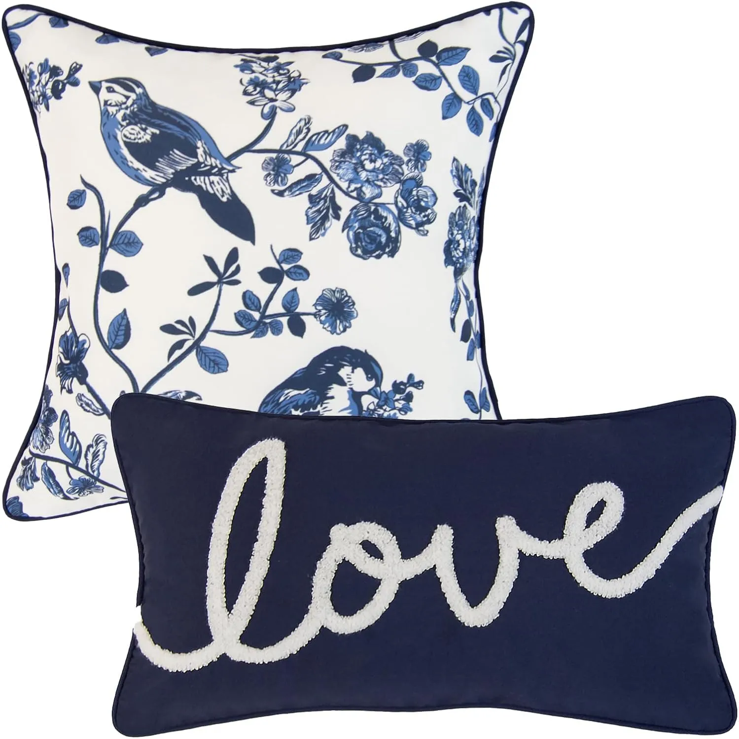 Donna Sharp 2-Piece Checkerboard Indigo Love Bird Decorative Throw Pillow Set - Pillows for Couch, Sofa, Beds, and Chairs - Includes 18" x 18" Square & 12" x 22" Rectangular Pillows