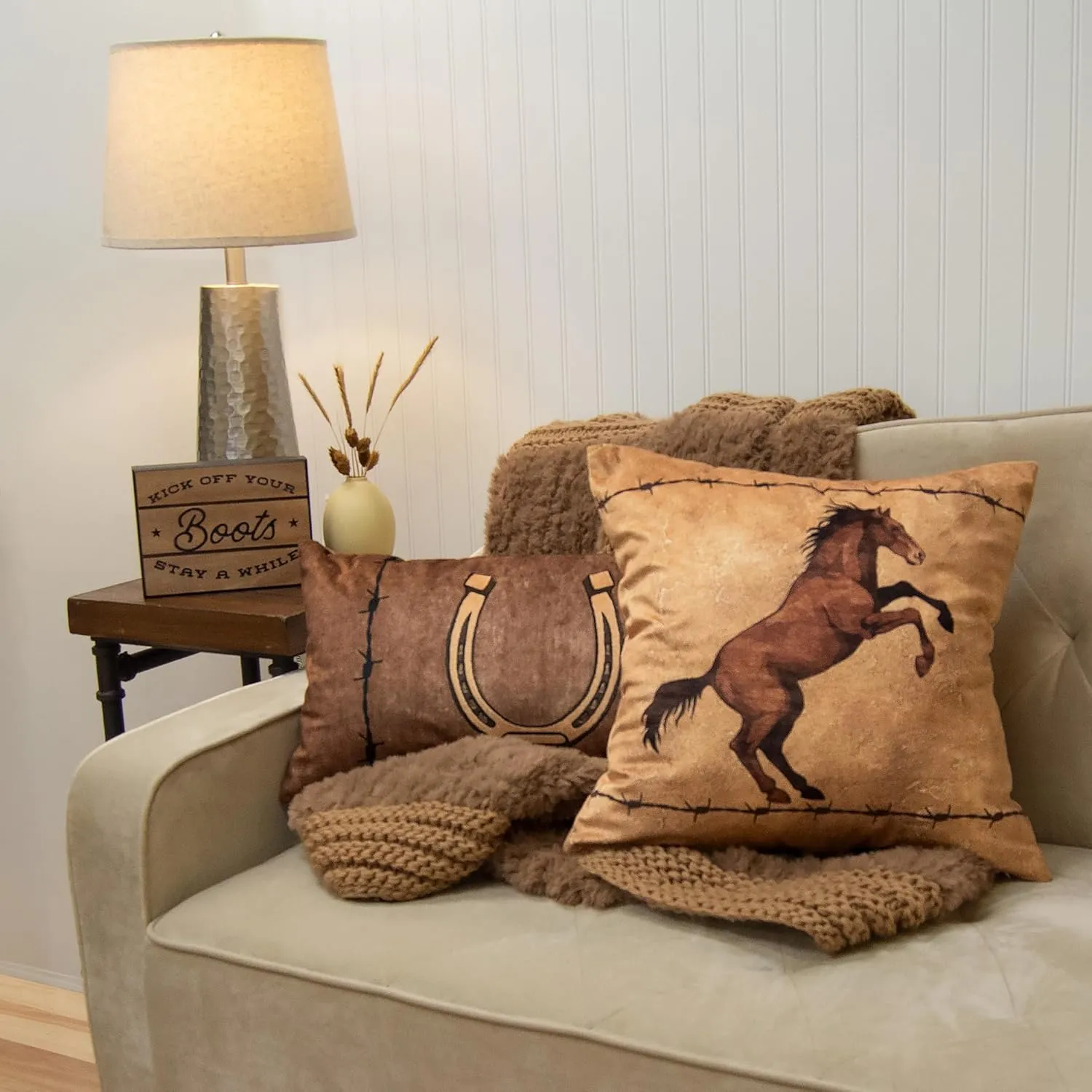 Donna Sharp 2-Piece Cowboy Horse and Horseshoe Western Themed Decorative Throw Pillow Set - Pillows for Couch, Sofa, Beds, and Chairs - Includes 18" x 18" Square & 12" x 22" Rectangular Pillows