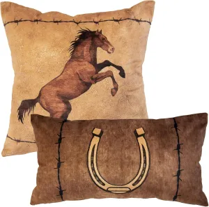 Donna Sharp 2-Piece Cowboy Horse and Horseshoe Western Themed Decorative Throw Pillow Set - Pillows for Couch, Sofa, Beds, and Chairs - Includes 18" x 18" Square & 12" x 22" Rectangular Pillows