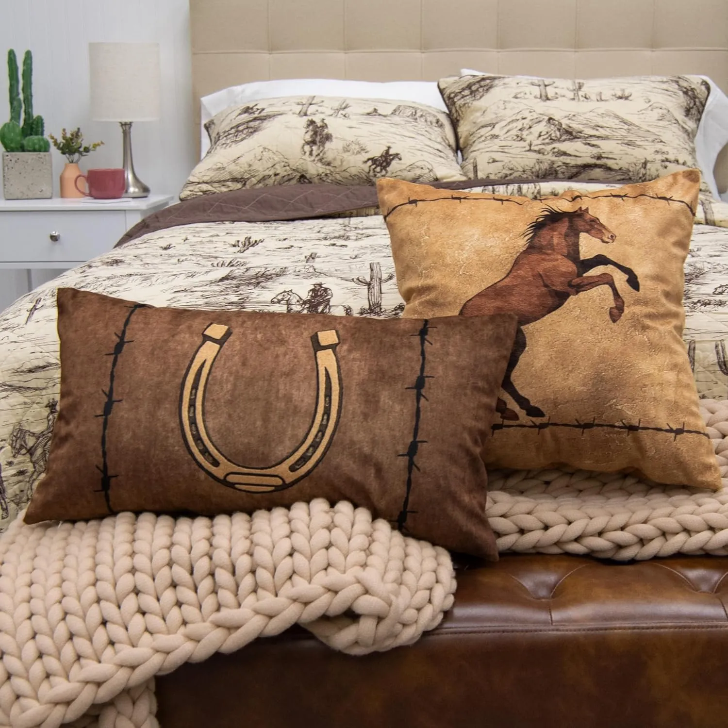 Donna Sharp 2-Piece Cowboy Horse and Horseshoe Western Themed Decorative Throw Pillow Set - Pillows for Couch, Sofa, Beds, and Chairs - Includes 18" x 18" Square & 12" x 22" Rectangular Pillows